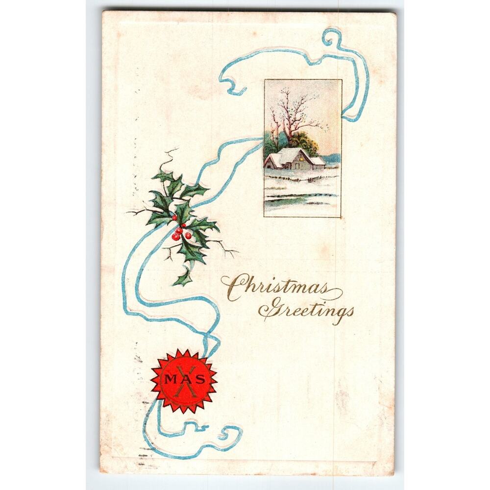 Vintage Christmas Greetings Postcard Snowy Cottage Holly Berries